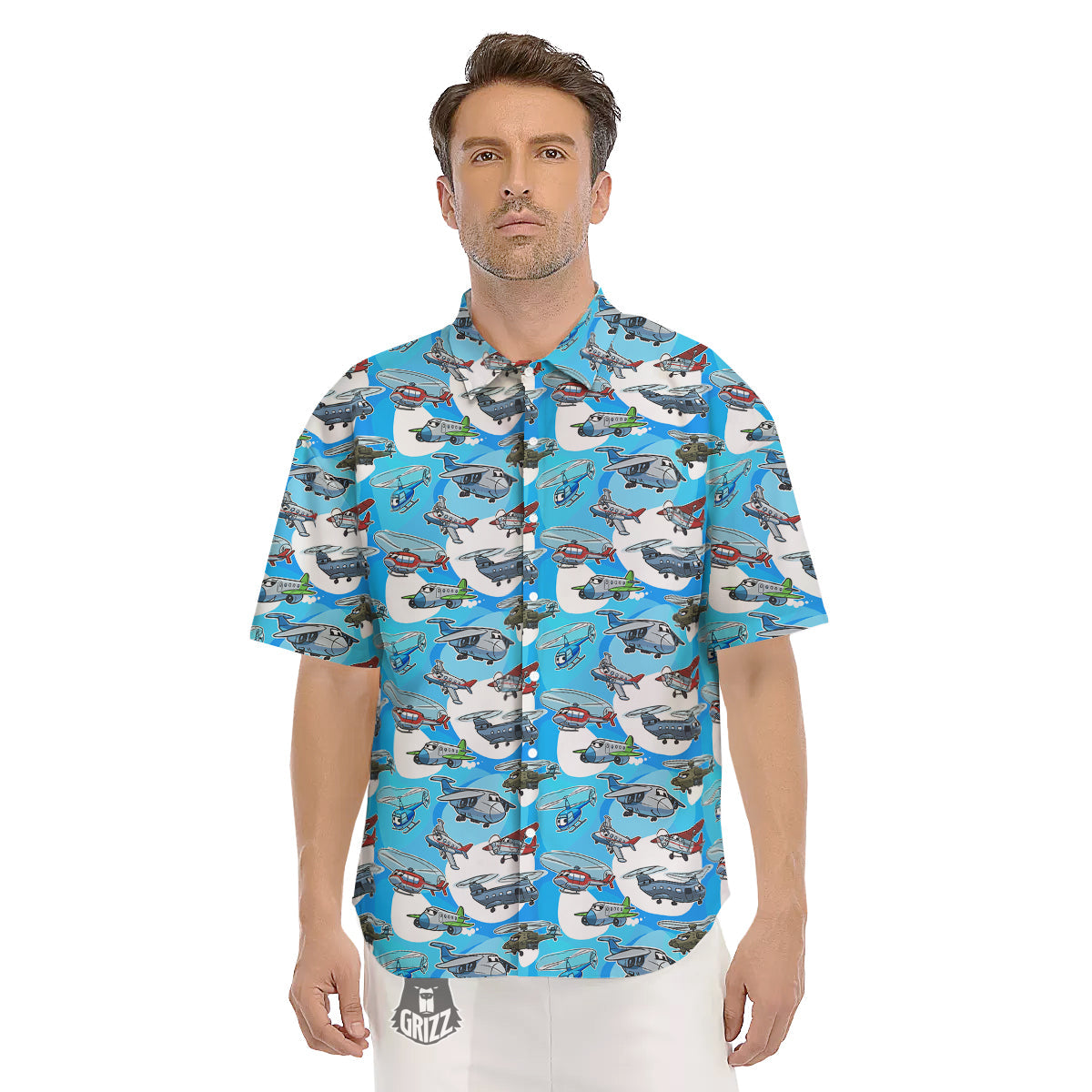 Airplanes And Helicopters Cartoon Print Pattern Men's Short Sleeve Shirts-grizzshop