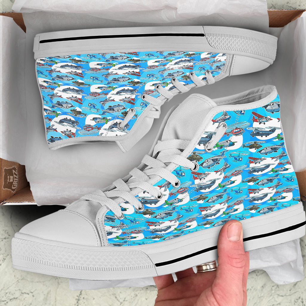 Airplanes And Helicopters Cartoon Print Pattern White High Top Shoes-grizzshop