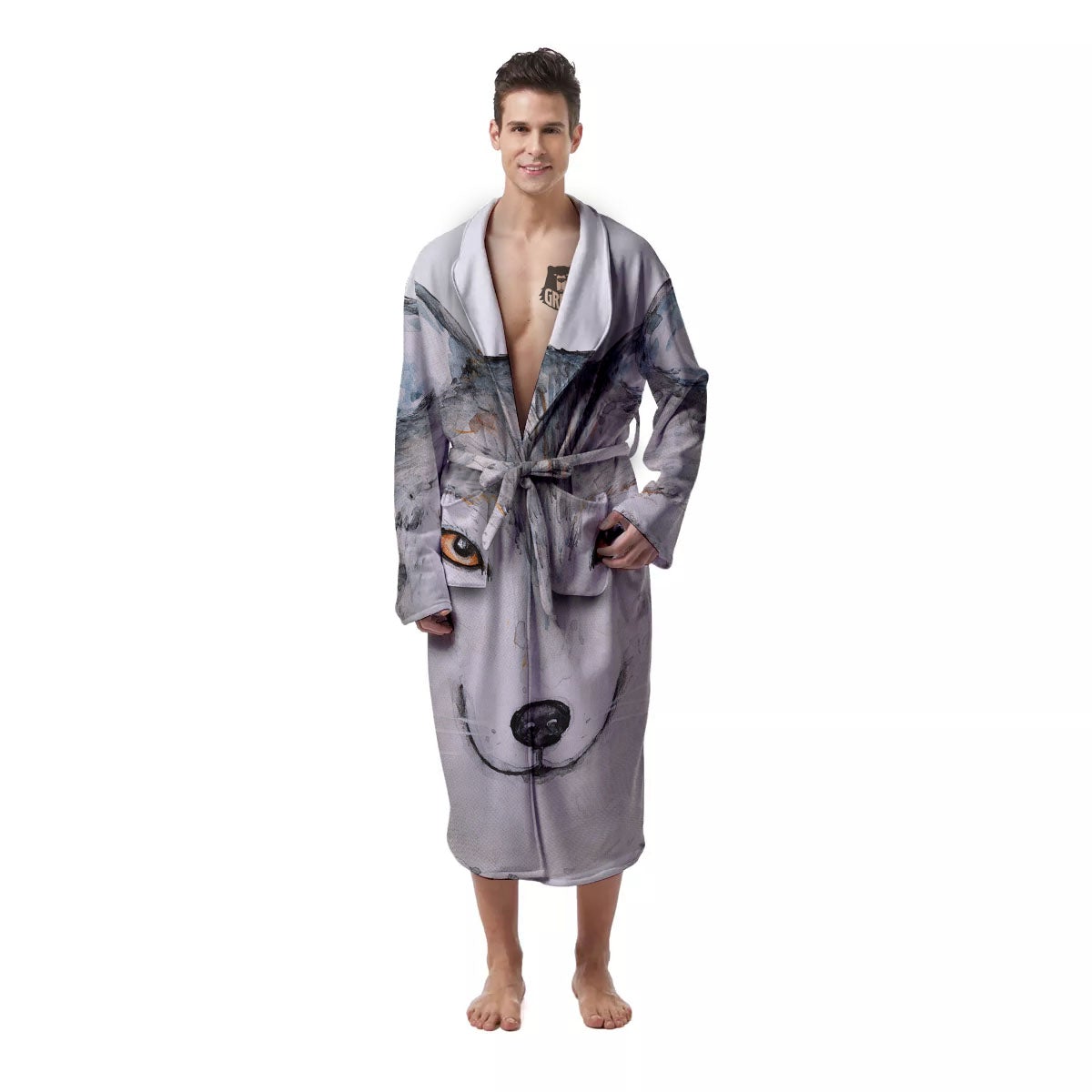 Alaskan Malamute Hand Drawn Print Men's Robe-grizzshop