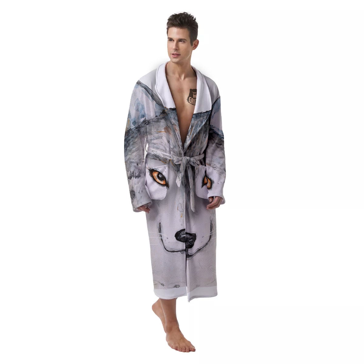 Alaskan Malamute Hand Drawn Print Men's Robe-grizzshop