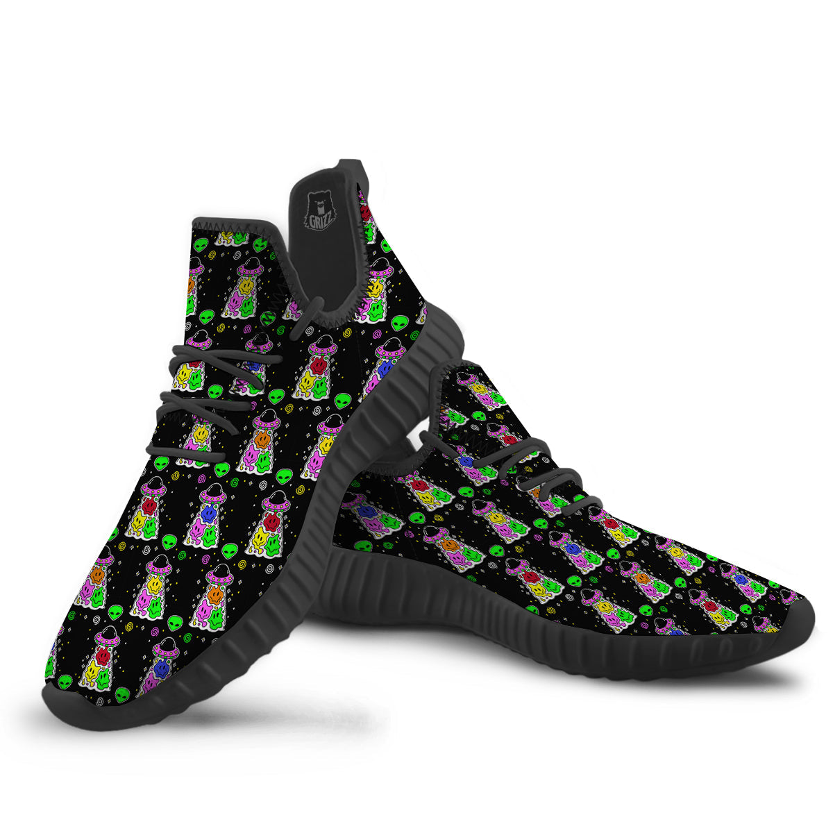 Alien And UFO Trippy Print Pattern Black Walking Shoes-grizzshop