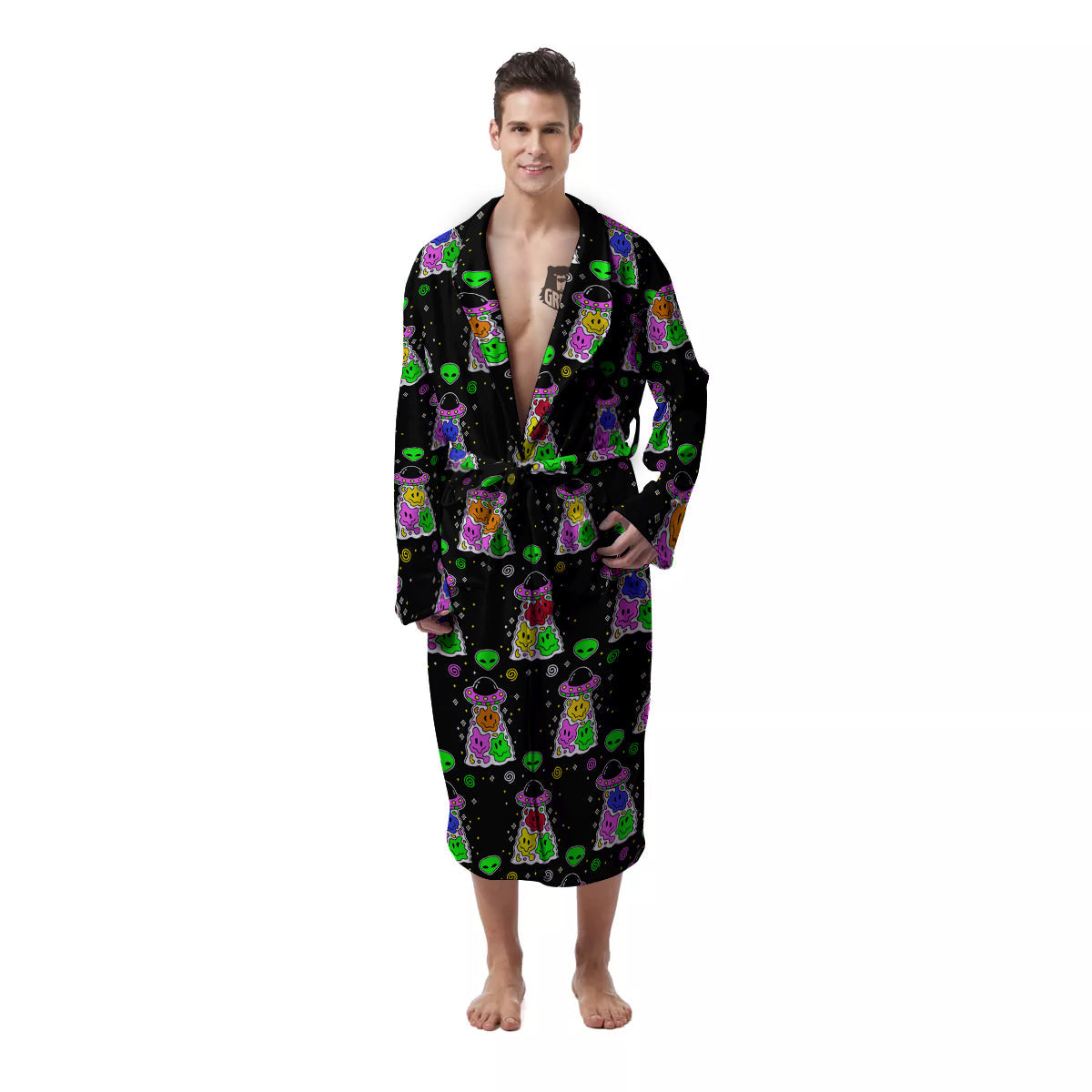 Alien And UFO Trippy Print Pattern Men's Robe-grizzshop