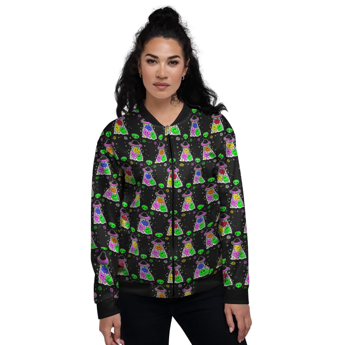 Alien And UFO Trippy Print Pattern Women's Bomber Jacket-grizzshop