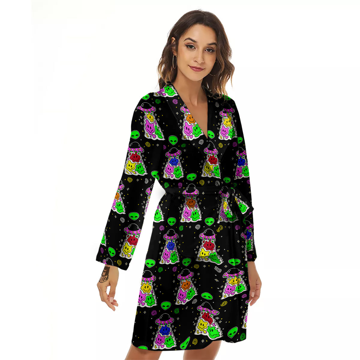 Alien And UFO Trippy Print Pattern Women's Robe-grizzshop
