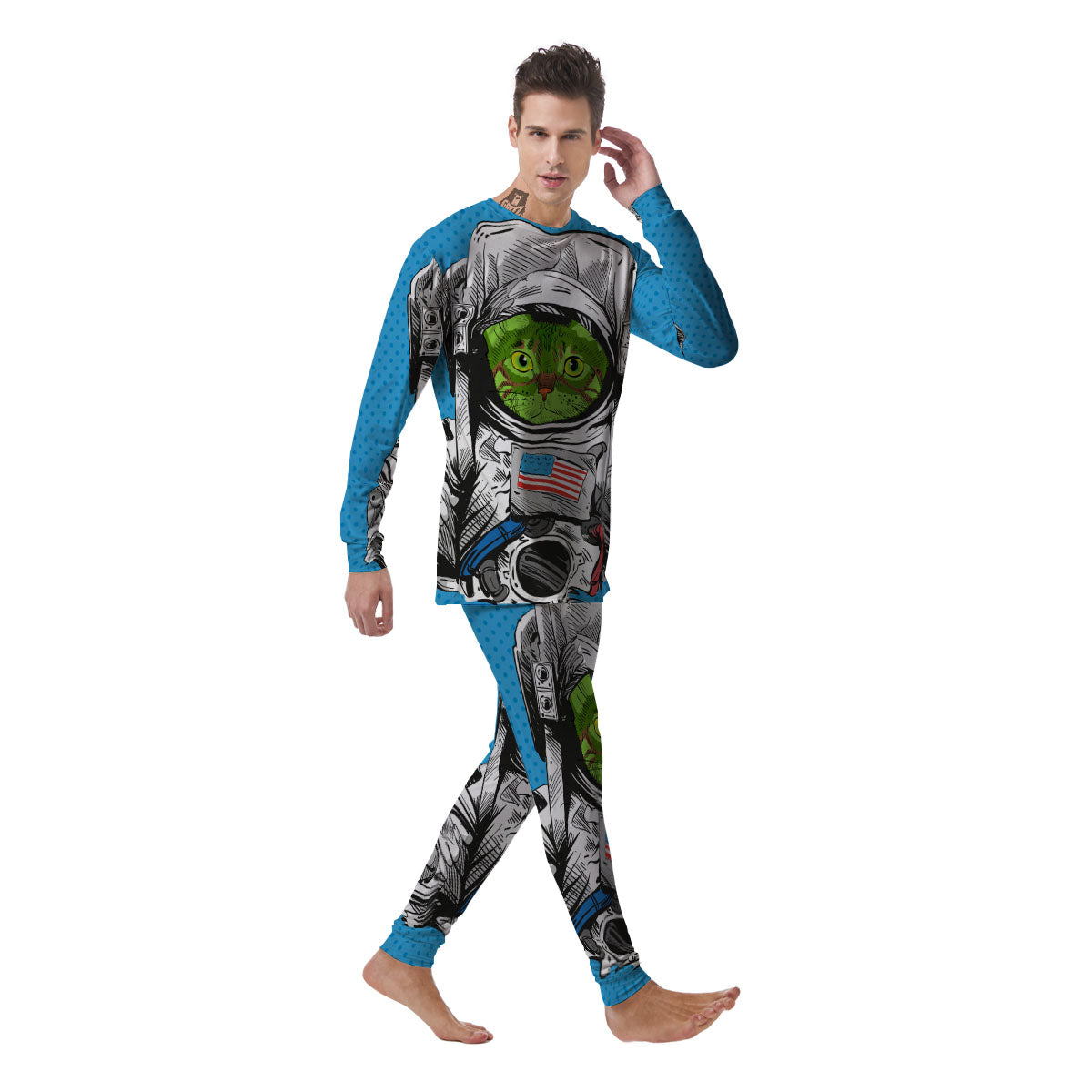 Alien Cat Astronaut Print Men's Pajamas-grizzshop