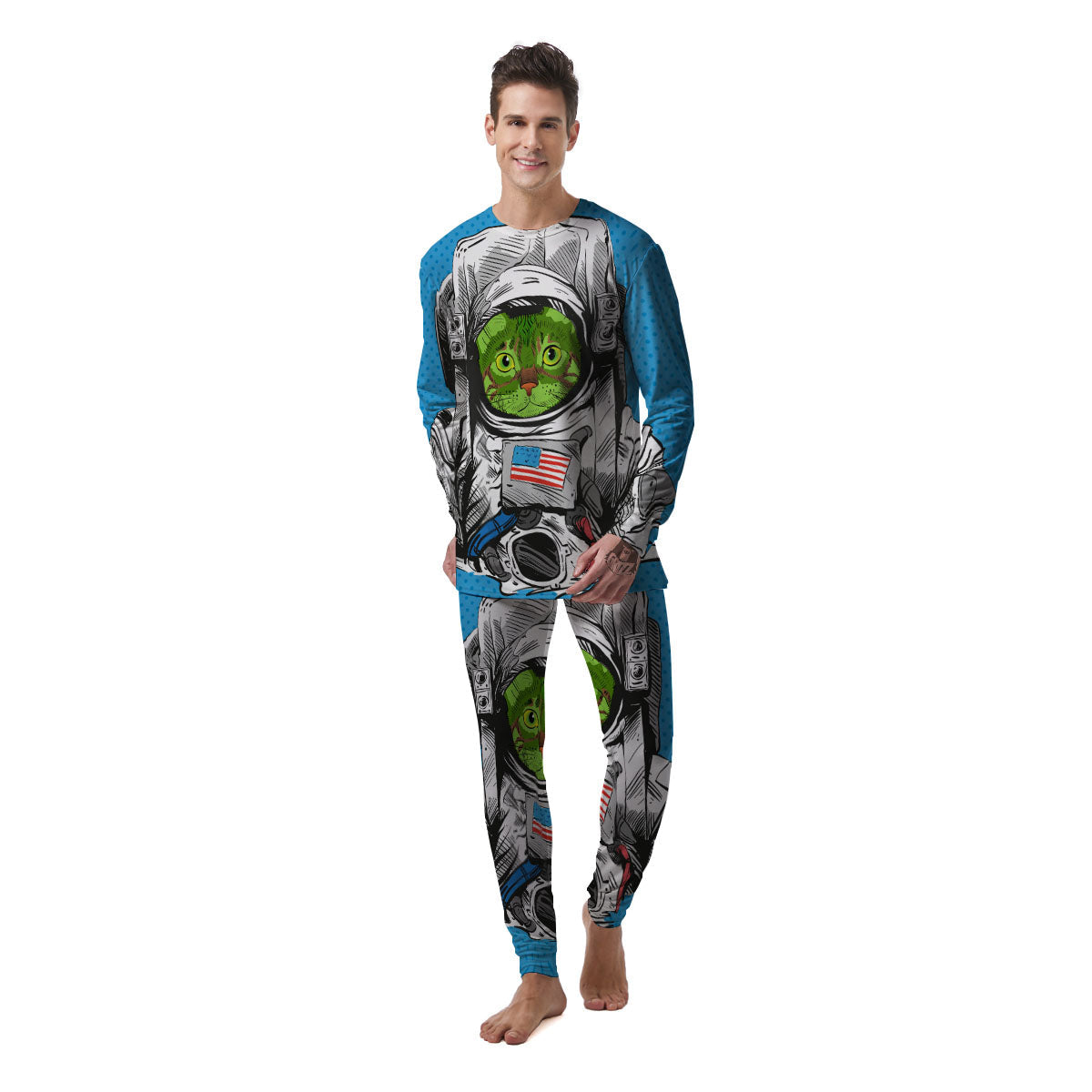 Alien Cat Astronaut Print Men's Pajamas-grizzshop