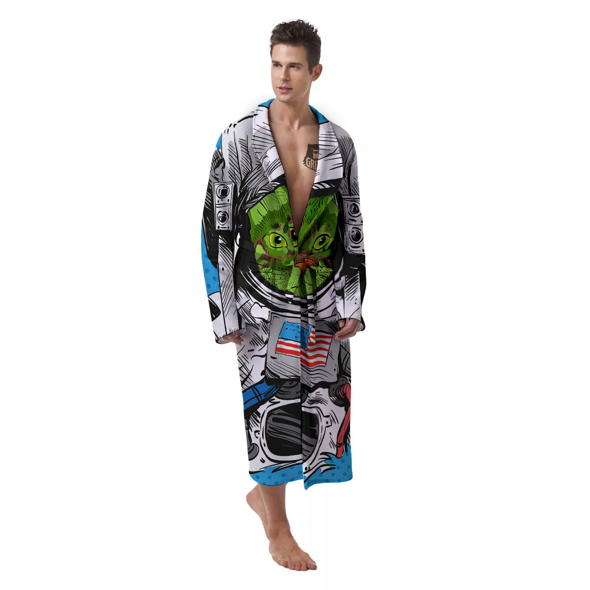 Alien Cat Astronaut Print Men's Robe-grizzshop