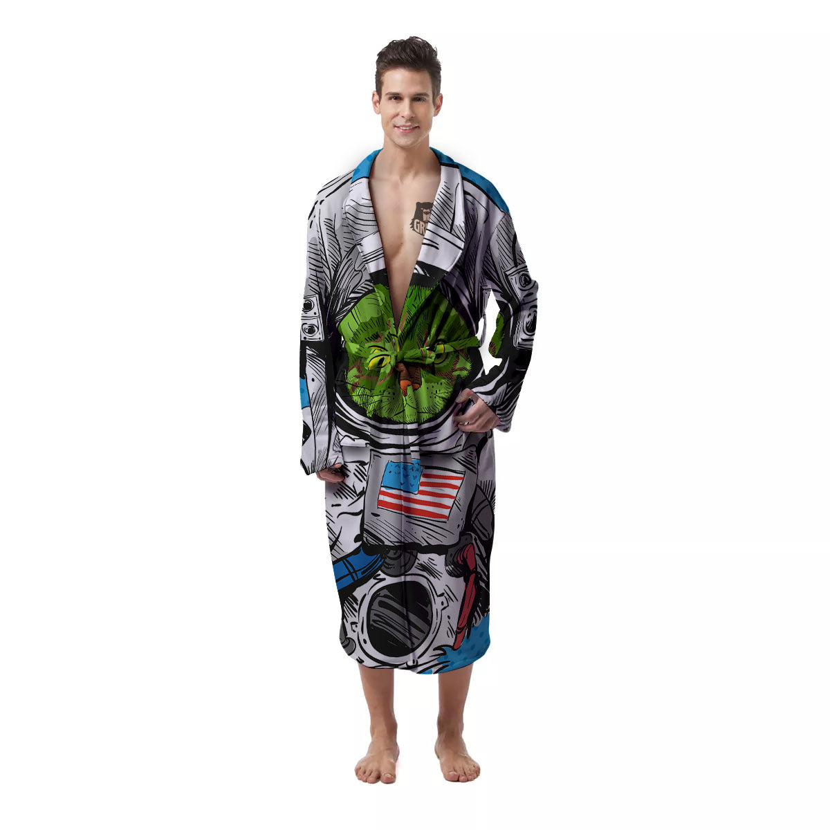 Alien Cat Astronaut Print Men's Robe-grizzshop