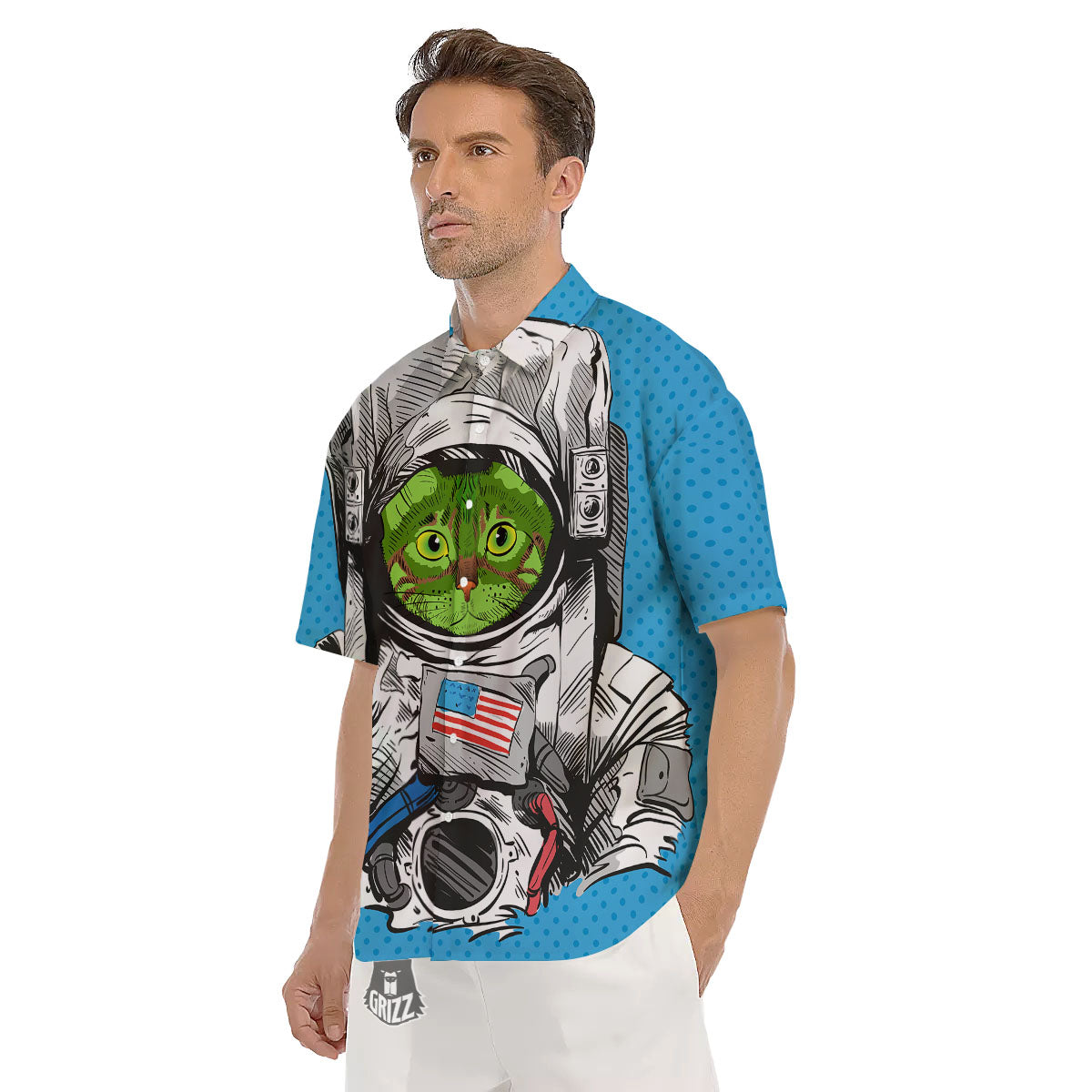 Alien Cat Astronaut Print Men's Short Sleeve Shirts-grizzshop