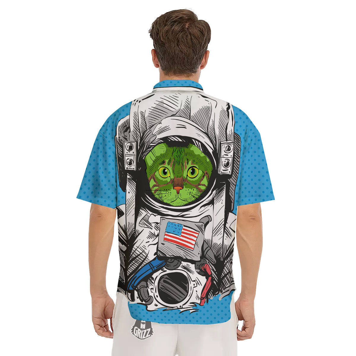 Alien Cat Astronaut Print Men's Short Sleeve Shirts-grizzshop