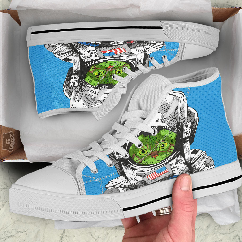 Alien Cat Astronaut Print White High Top Shoes-grizzshop