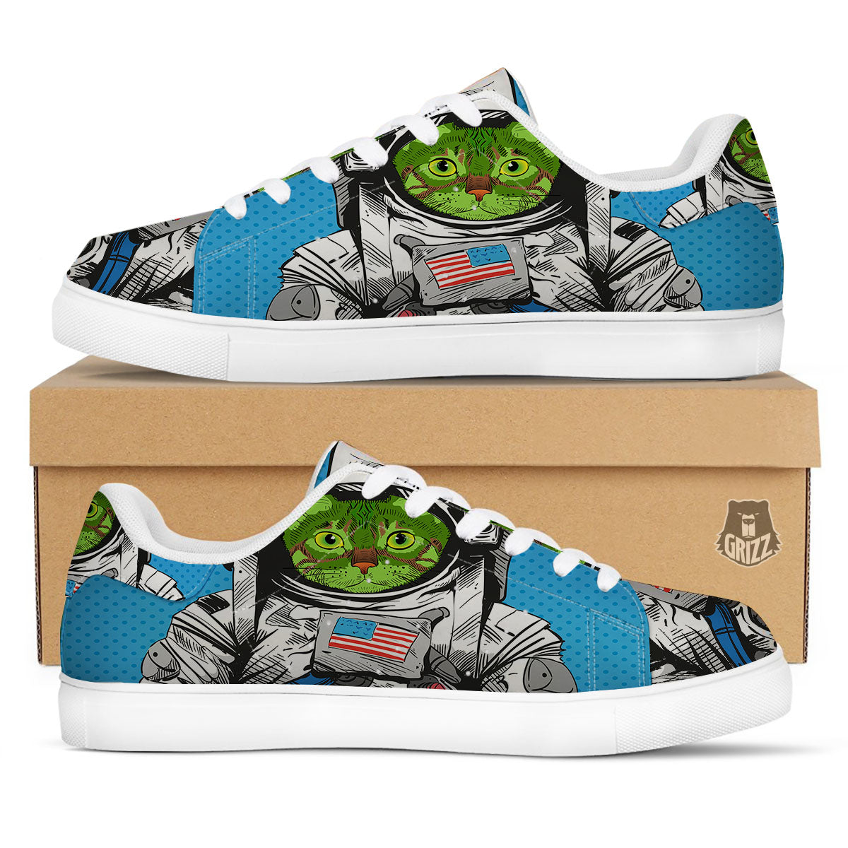 Alien Cat Astronaut Print White Low Top Sneakers-grizzshop