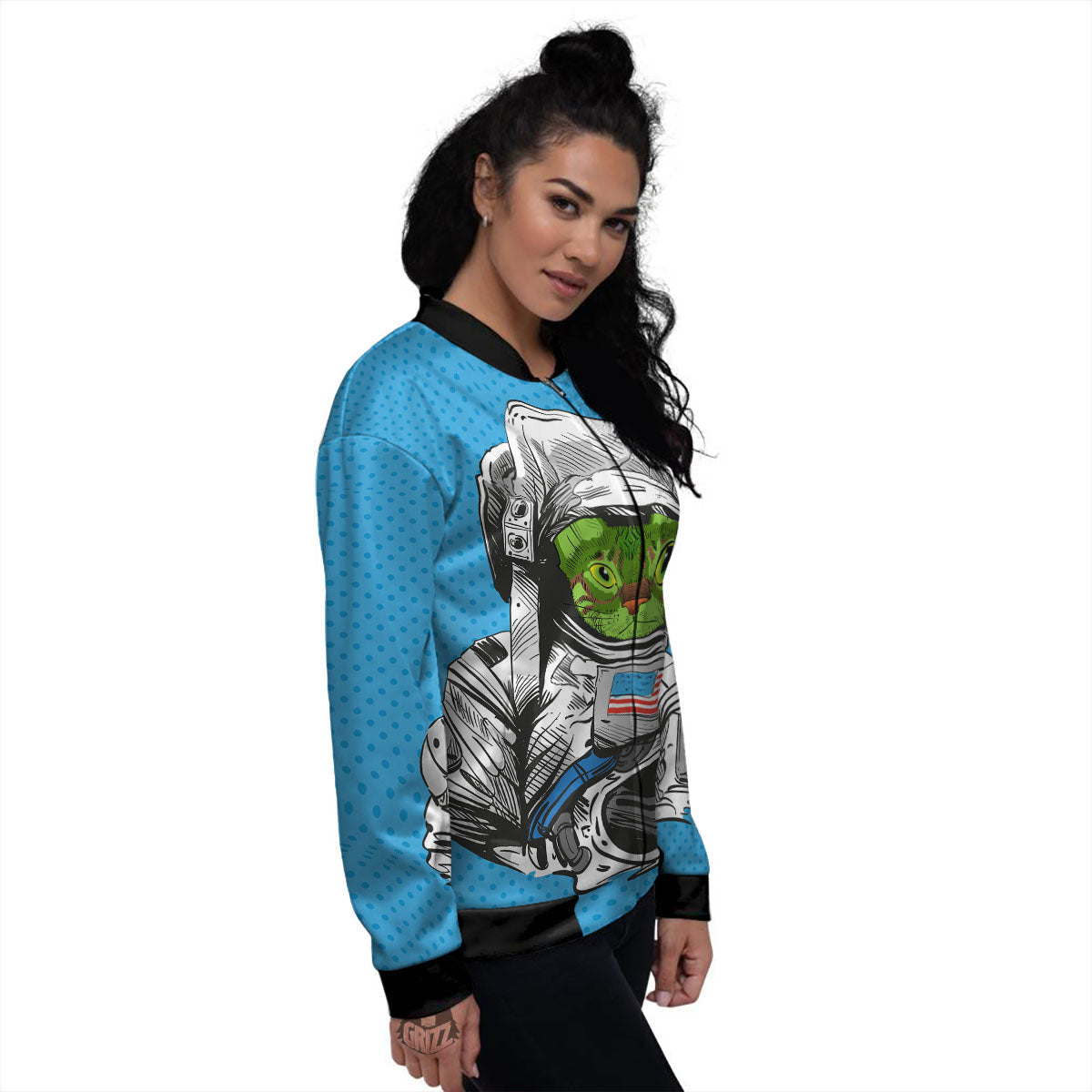 Alien Cat Astronaut Print Women's Bomber Jacket-grizzshop