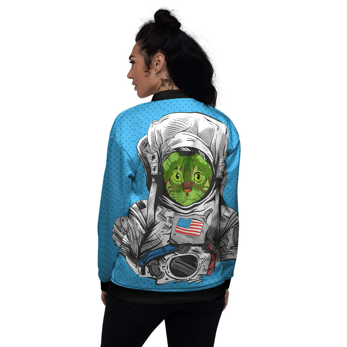 Alien Cat Astronaut Print Women's Bomber Jacket-grizzshop