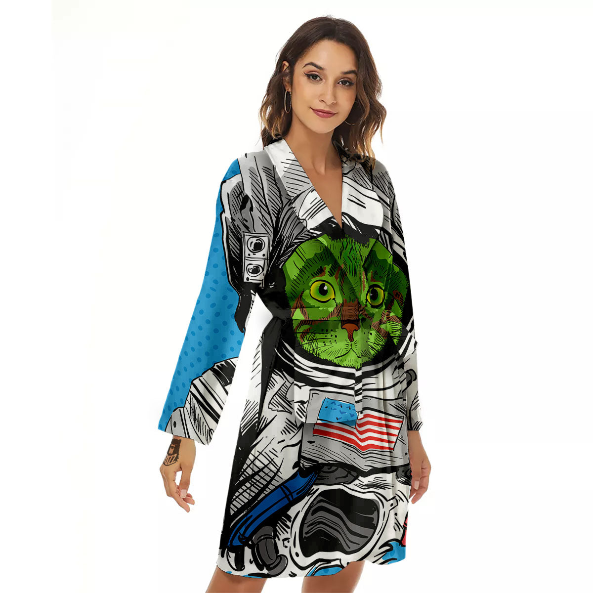 Alien Cat Astronaut Print Women's Robe-grizzshop