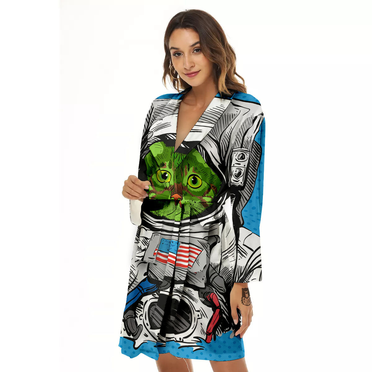 Alien Cat Astronaut Print Women's Robe-grizzshop