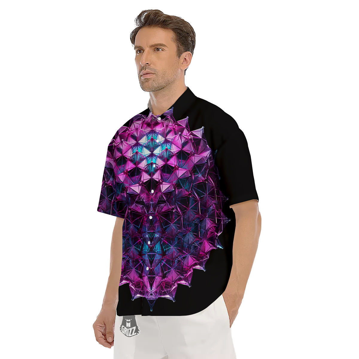 Alien Crystal Diamond Flower Print Men's Short Sleeve Shirts-grizzshop