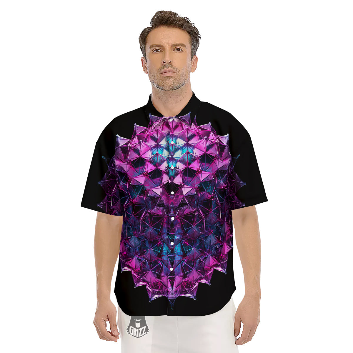 Alien Crystal Diamond Flower Print Men's Short Sleeve Shirts-grizzshop