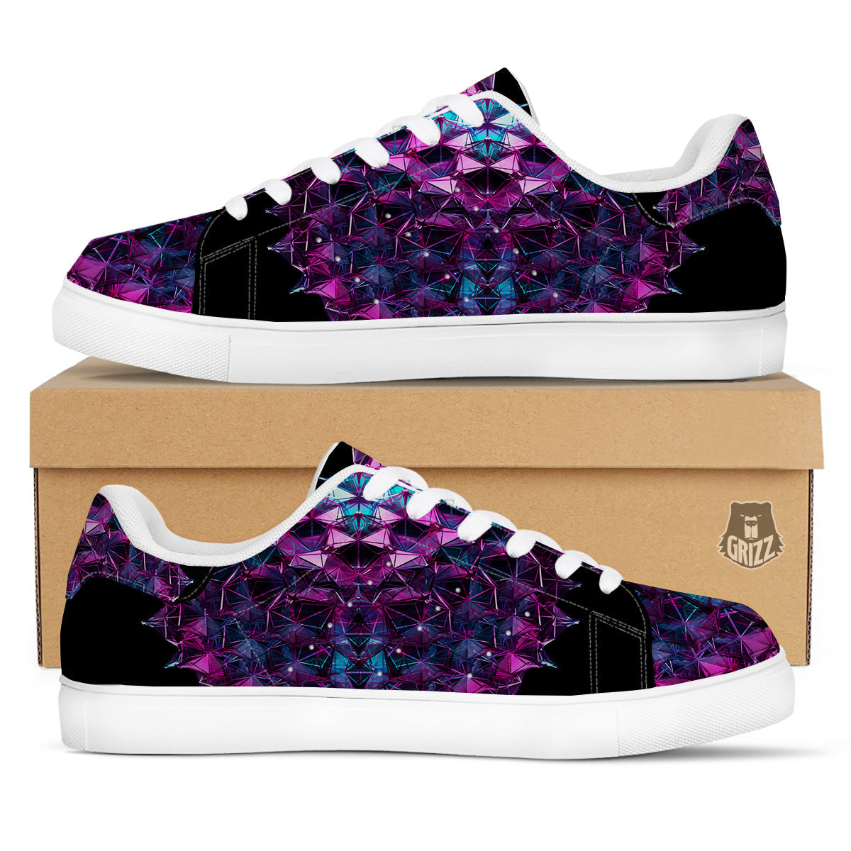 Alien Crystal Diamond Flower Print White Low Top Sneakers-grizzshop