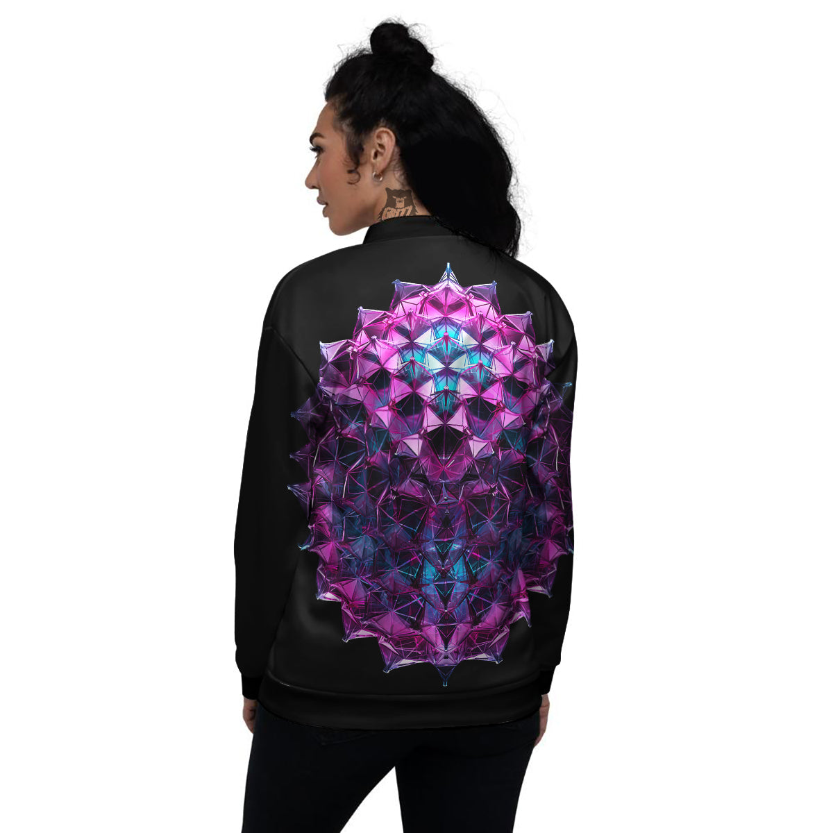 Alien Crystal Diamond Flower Print Women's Bomber Jacket-grizzshop