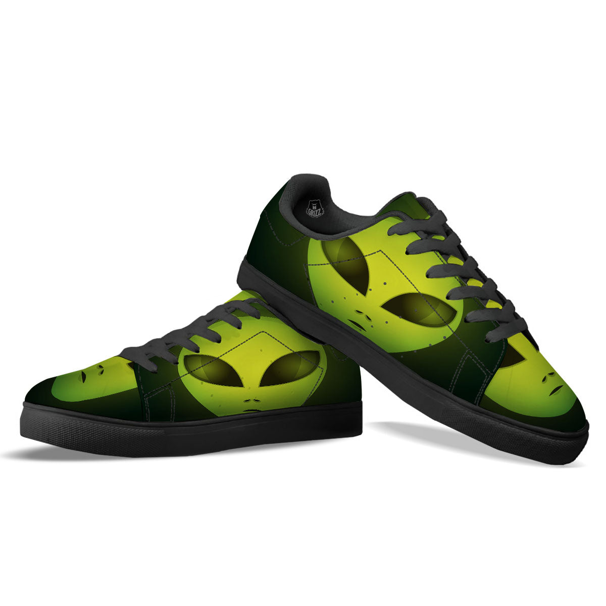 Alien Face Green Print Black Low Top Sneakers-grizzshop