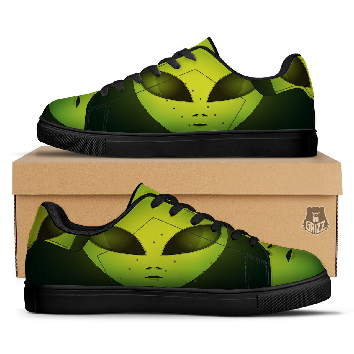 Alien Face Green Print Black Low Top Sneakers-grizzshop