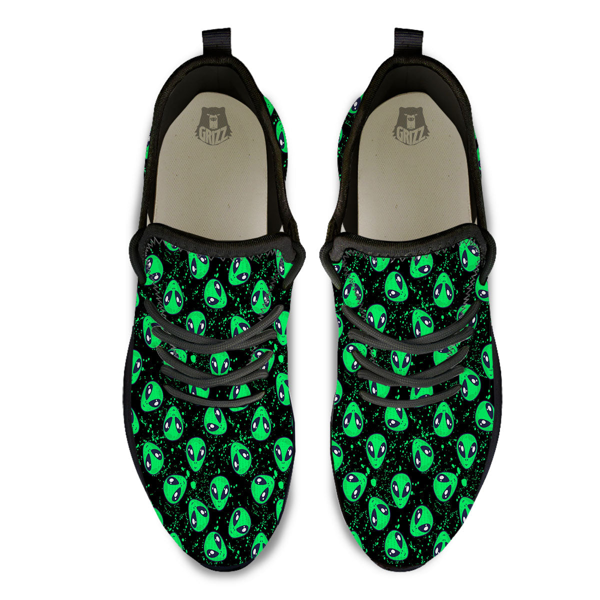 Alien Face Green Print Pattern Black Athletic Shoes-grizzshop