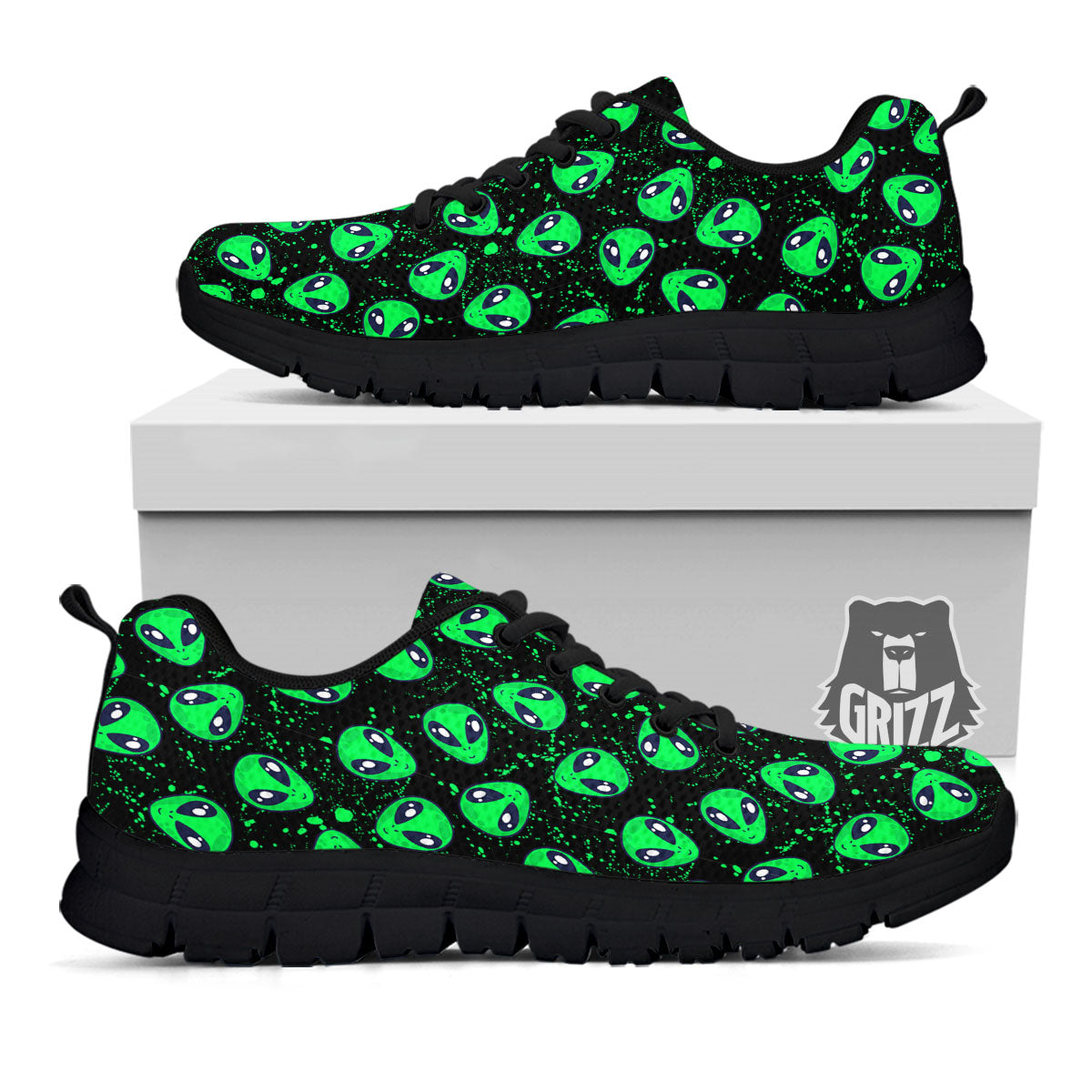 Alien Face Green Print Pattern Black Sneaker-grizzshop