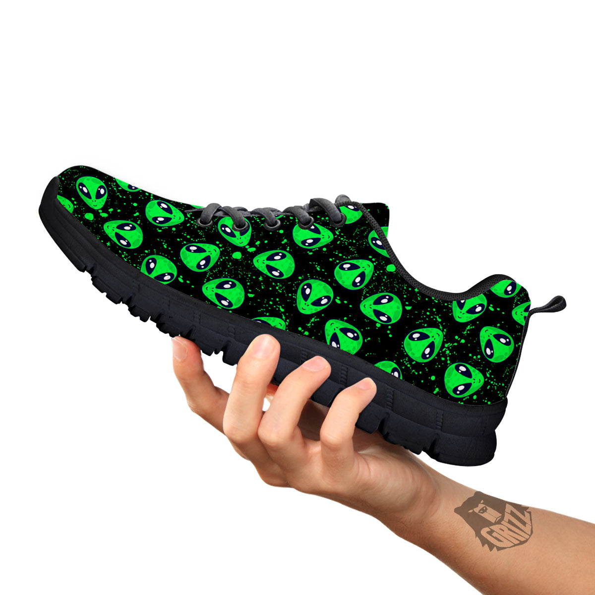 Alien Face Green Print Pattern Black Sneaker-grizzshop