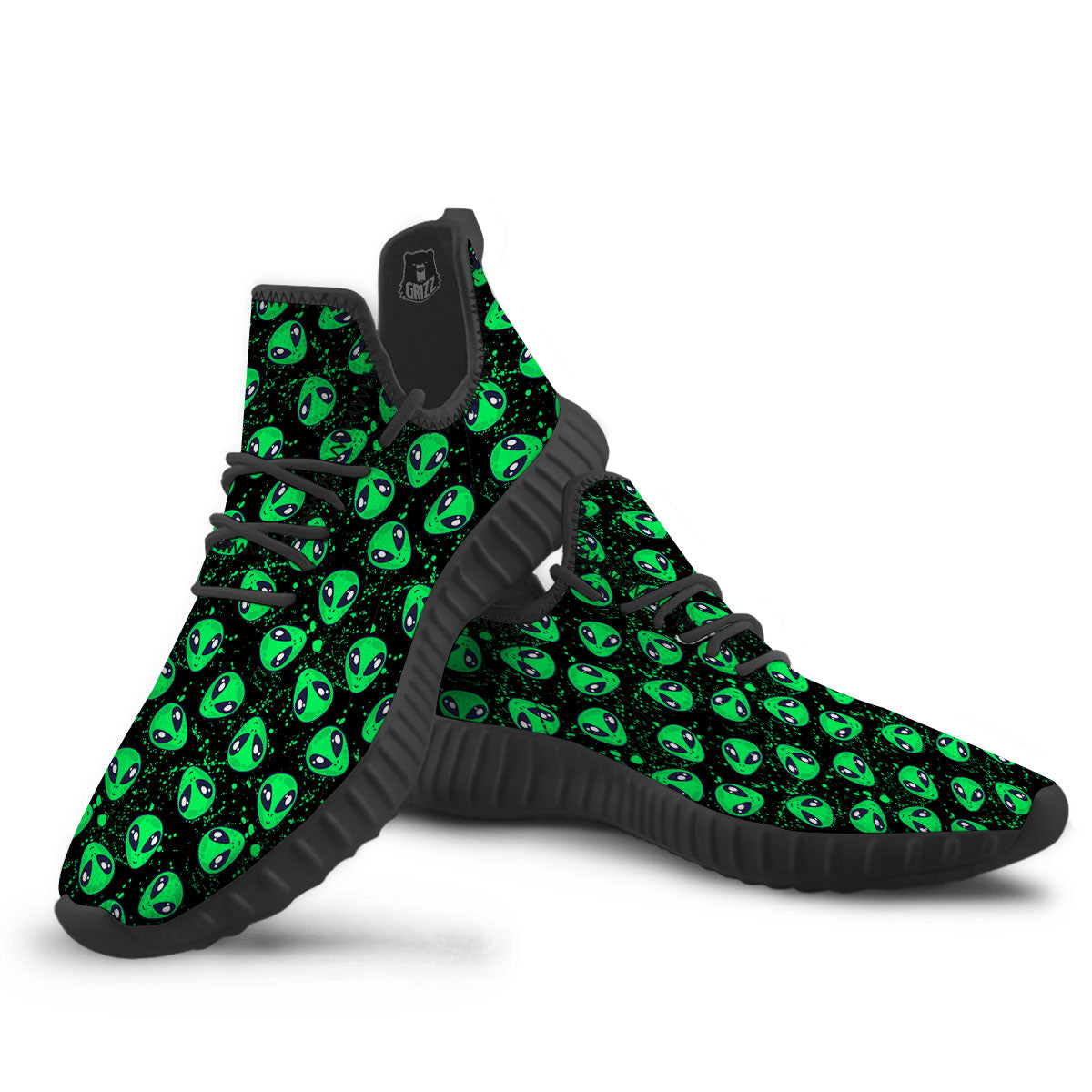 Alien Face Green Print Pattern Black Walking Shoes-grizzshop