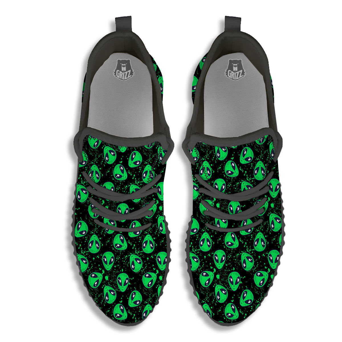 Alien Face Green Print Pattern Black Walking Shoes-grizzshop