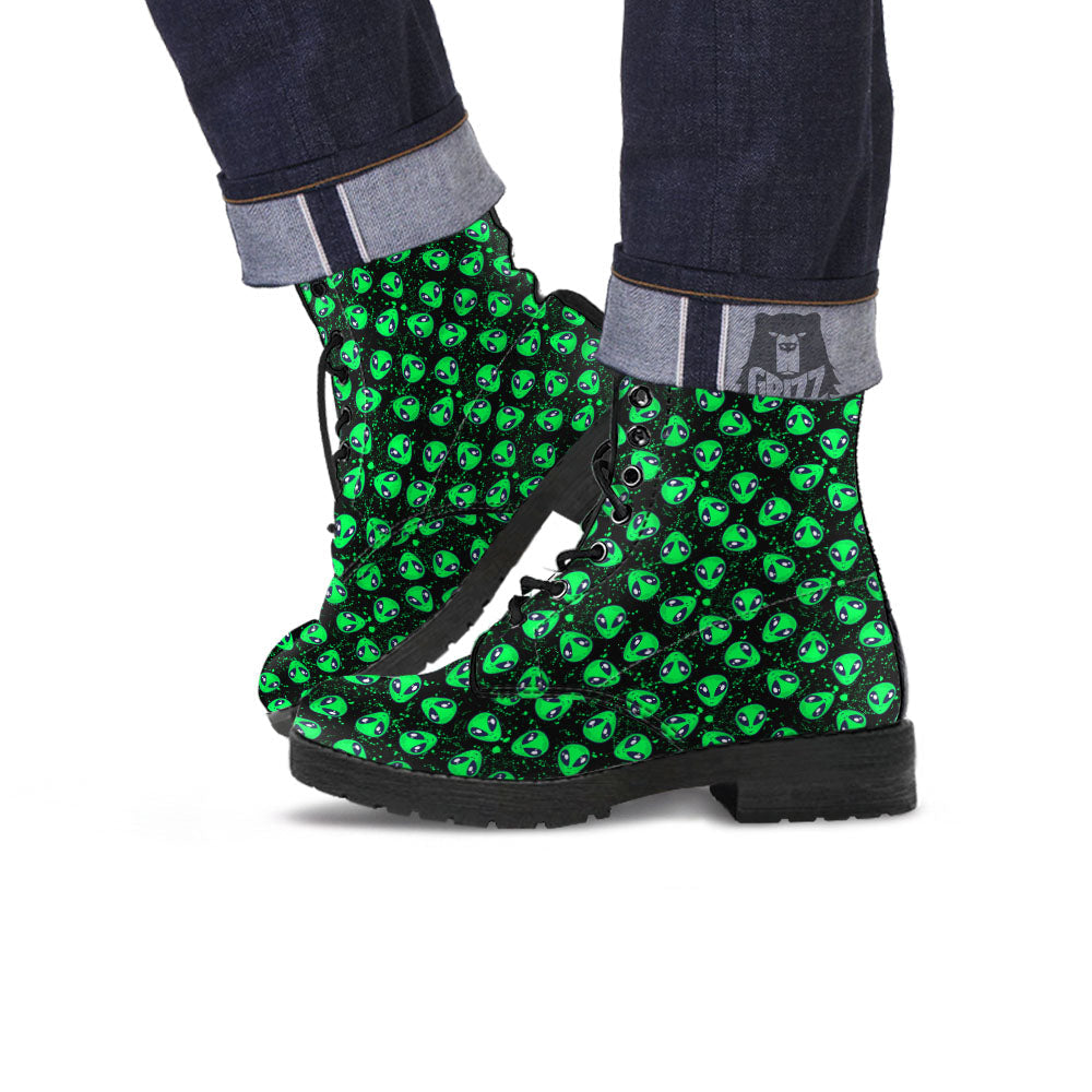 Alien Face Green Print Pattern Leather Boots-grizzshop