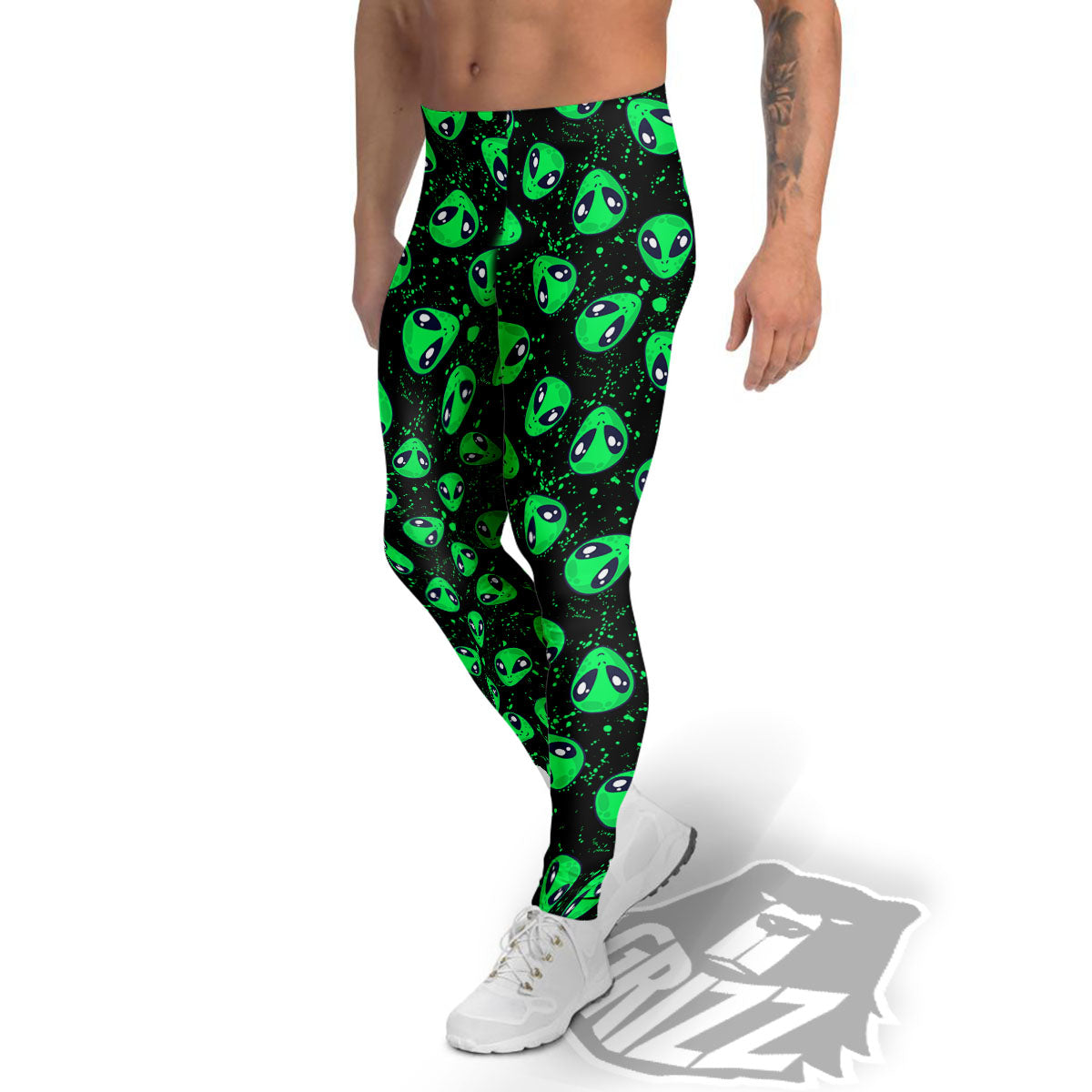 Alien Face Green Print Pattern Men's Leggings-grizzshop