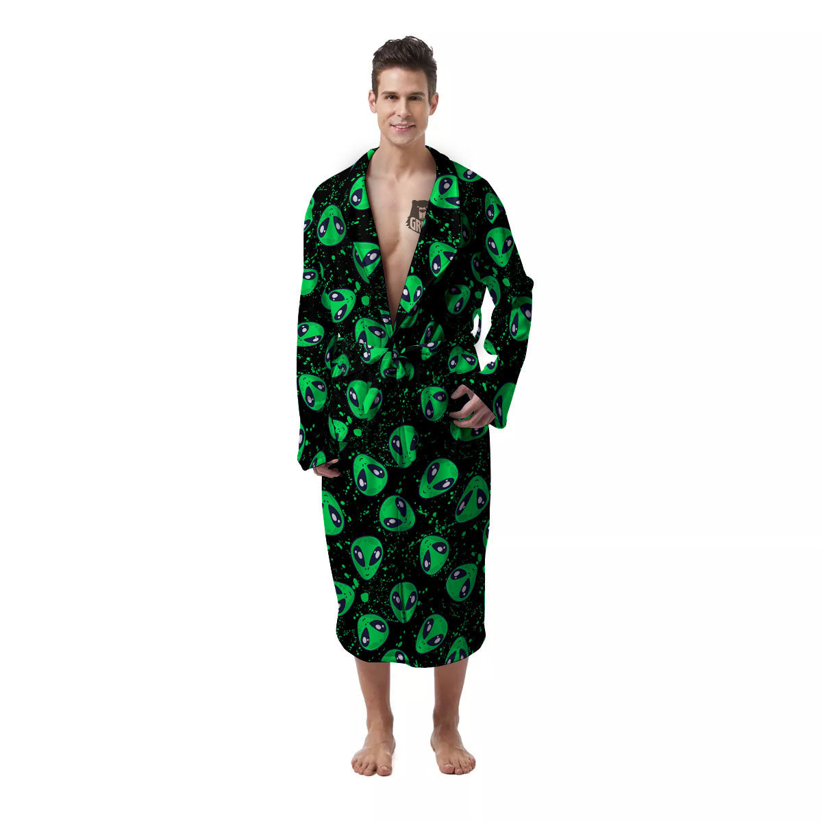 Alien Face Green Print Pattern Men's Robe-grizzshop