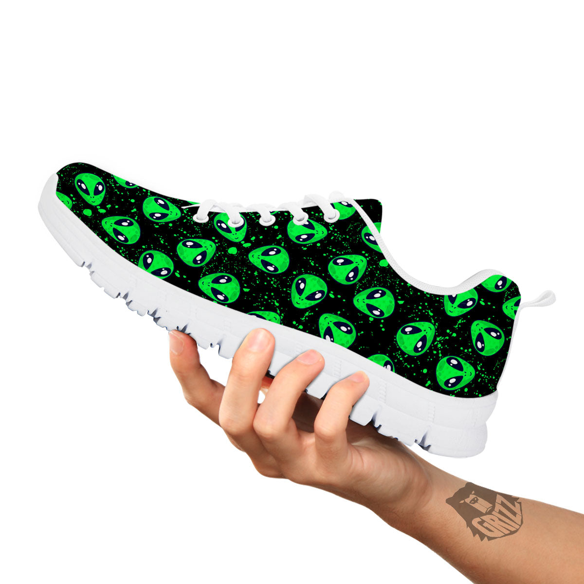 Alien Face Green Print Pattern White Sneaker-grizzshop