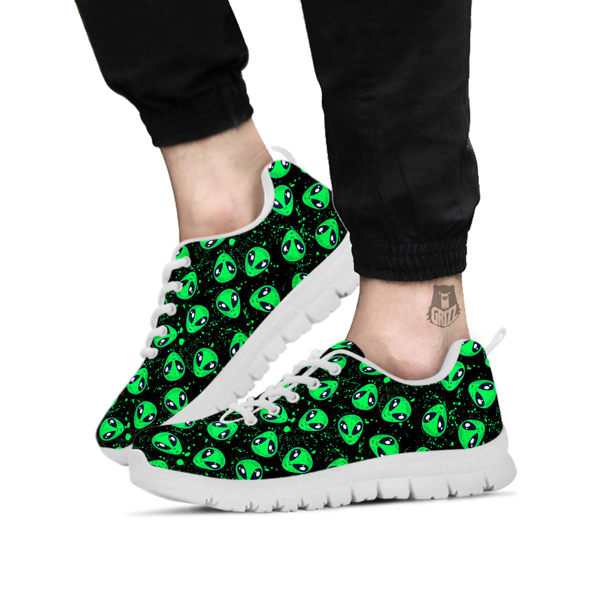 Alien Face Green Print Pattern White Sneaker-grizzshop