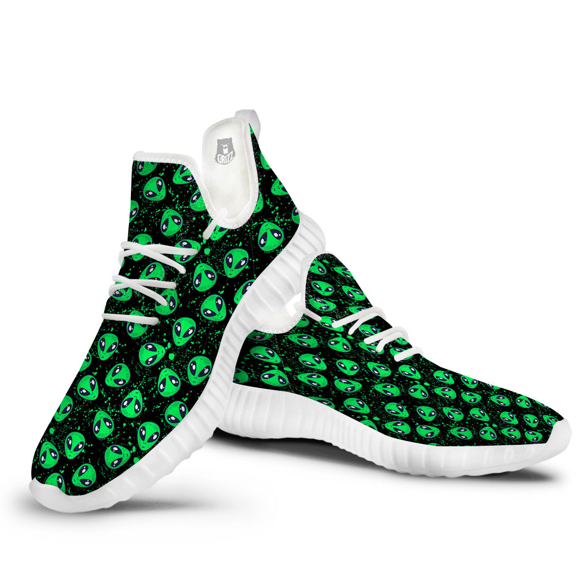 Alien Face Green Print Pattern White Walking Shoes-grizzshop