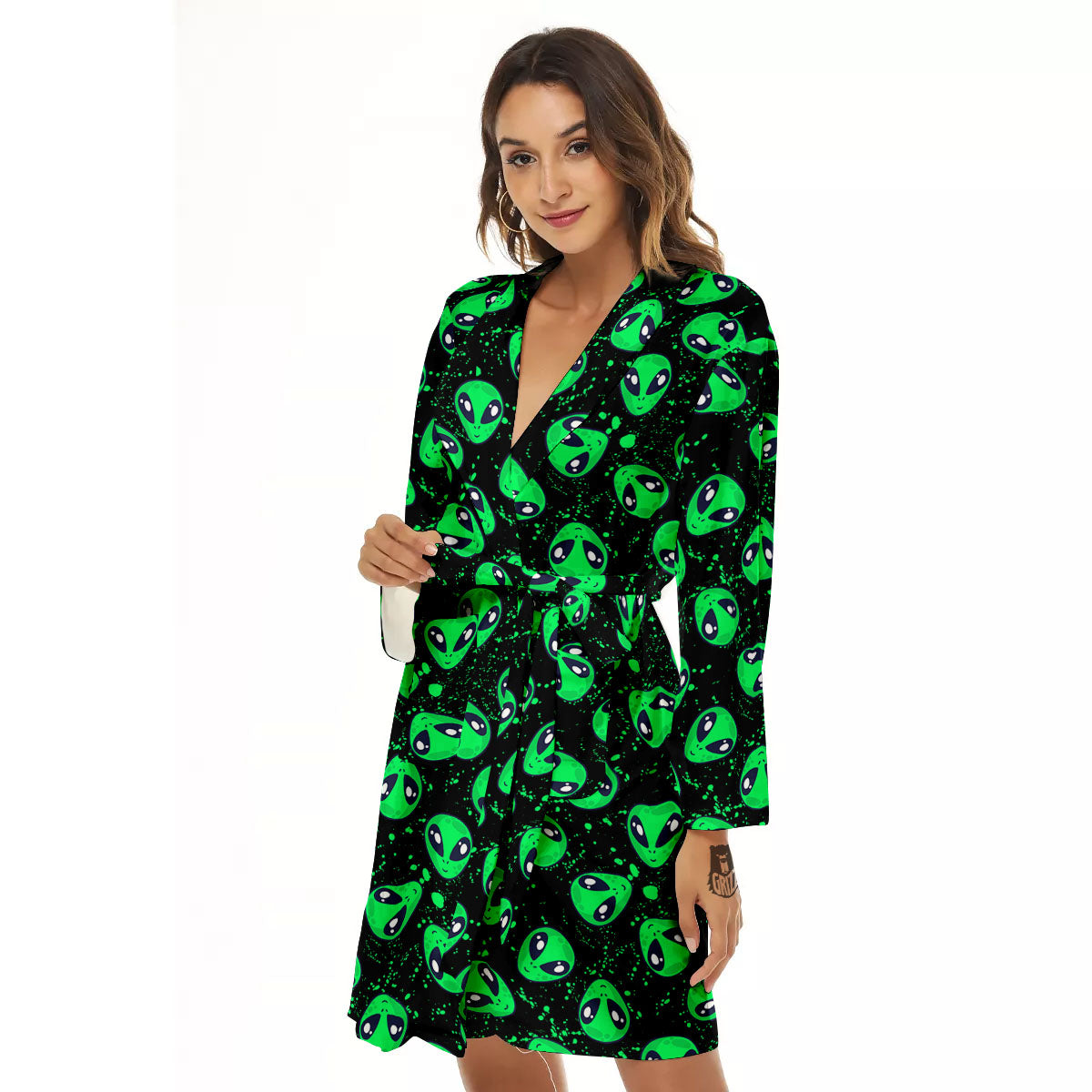 Alien Face Green Print Pattern Women's Robe-grizzshop