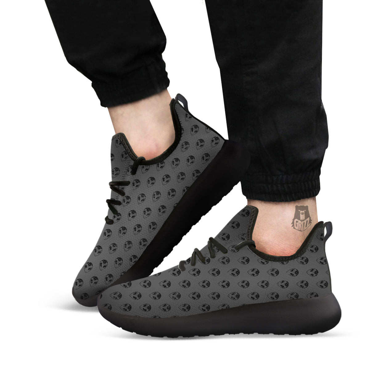 Alien Face Grey Print Pattern Black Athletic Shoes-grizzshop