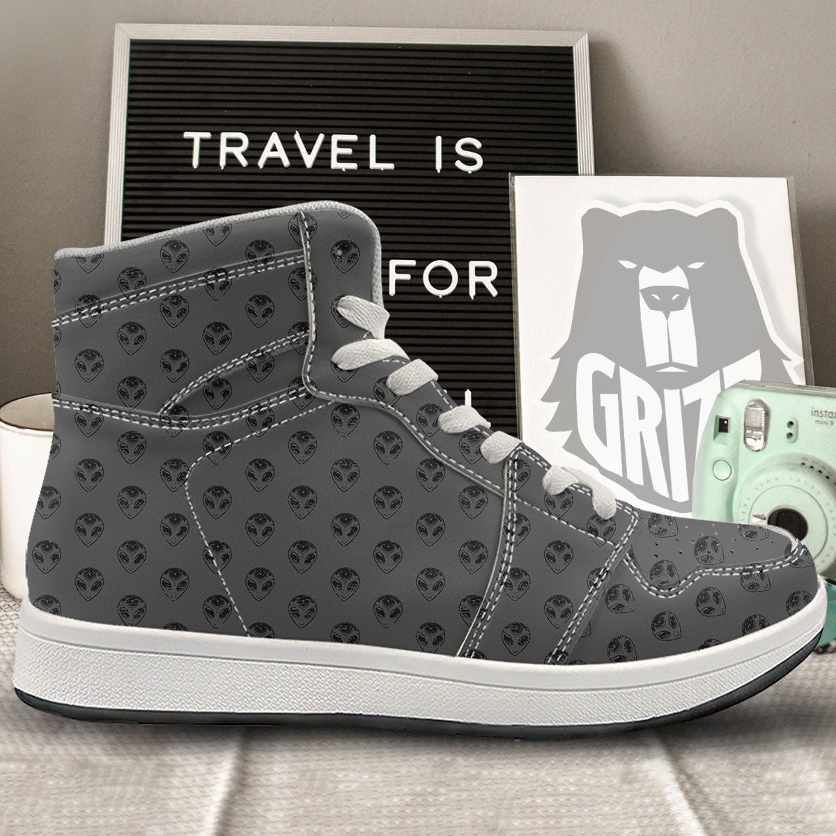 Alien Face Grey Print Pattern High Top Sneakers-grizzshop