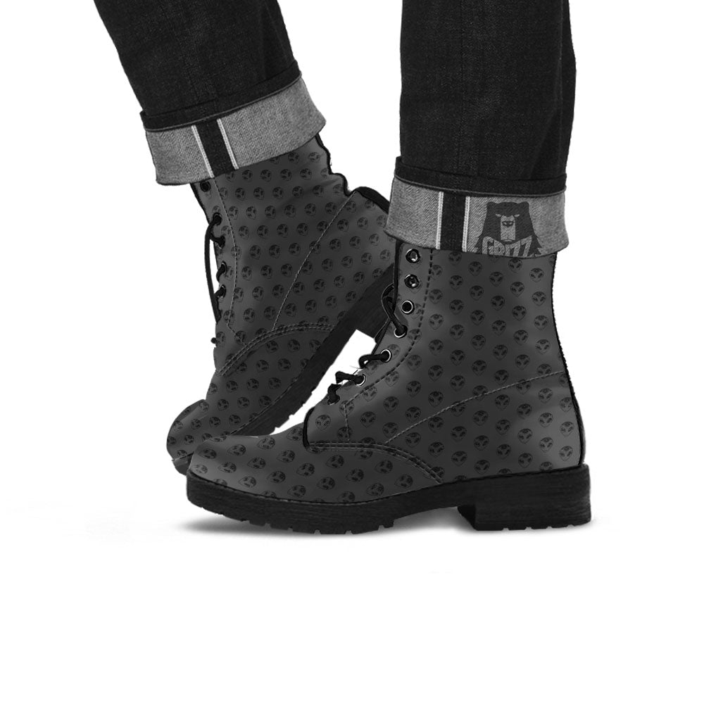 Alien Face Grey Print Pattern Leather Boots-grizzshop