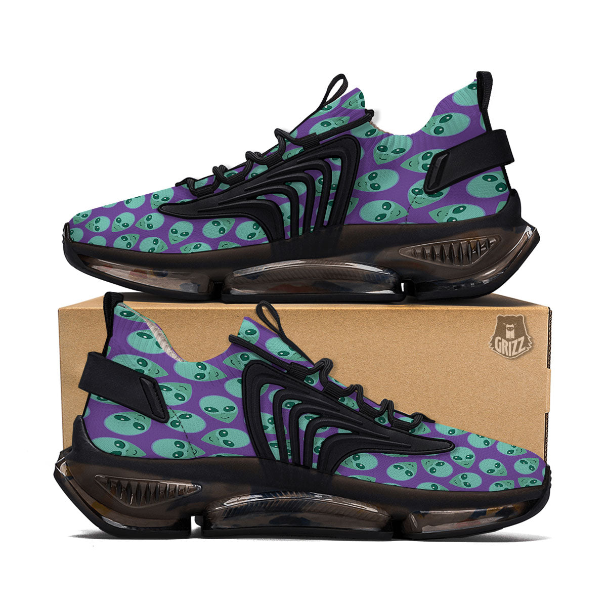 Alien Face Purple Print Pattern Black Gym Shoes-grizzshop