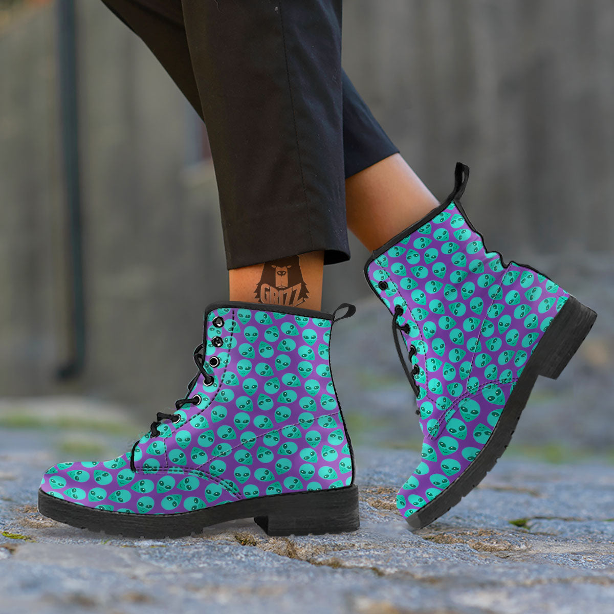 Alien Face Purple Print Pattern Leather Boots-grizzshop