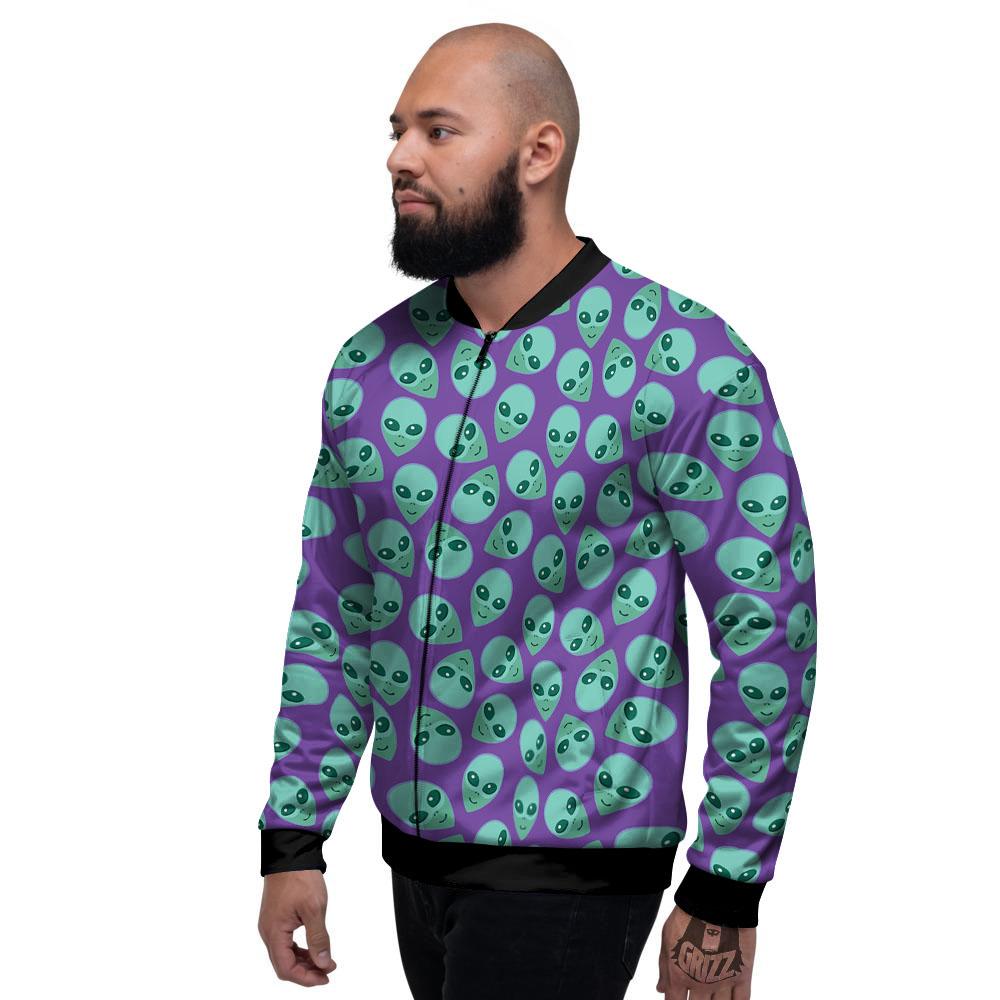 Alien Face Purple Print Pattern Men's Bomber Jacket-grizzshop