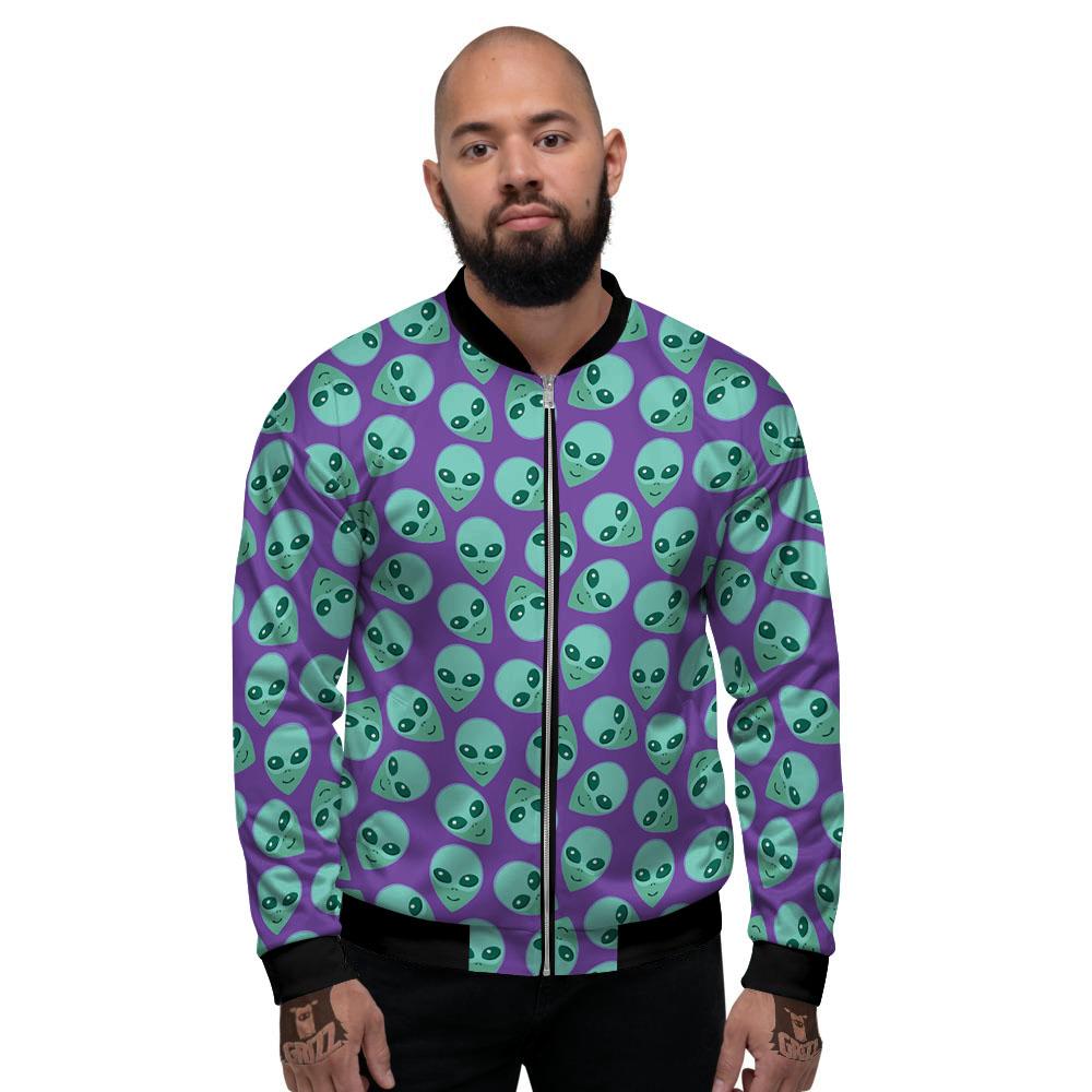 Alien Face Purple Print Pattern Men's Bomber Jacket-grizzshop
