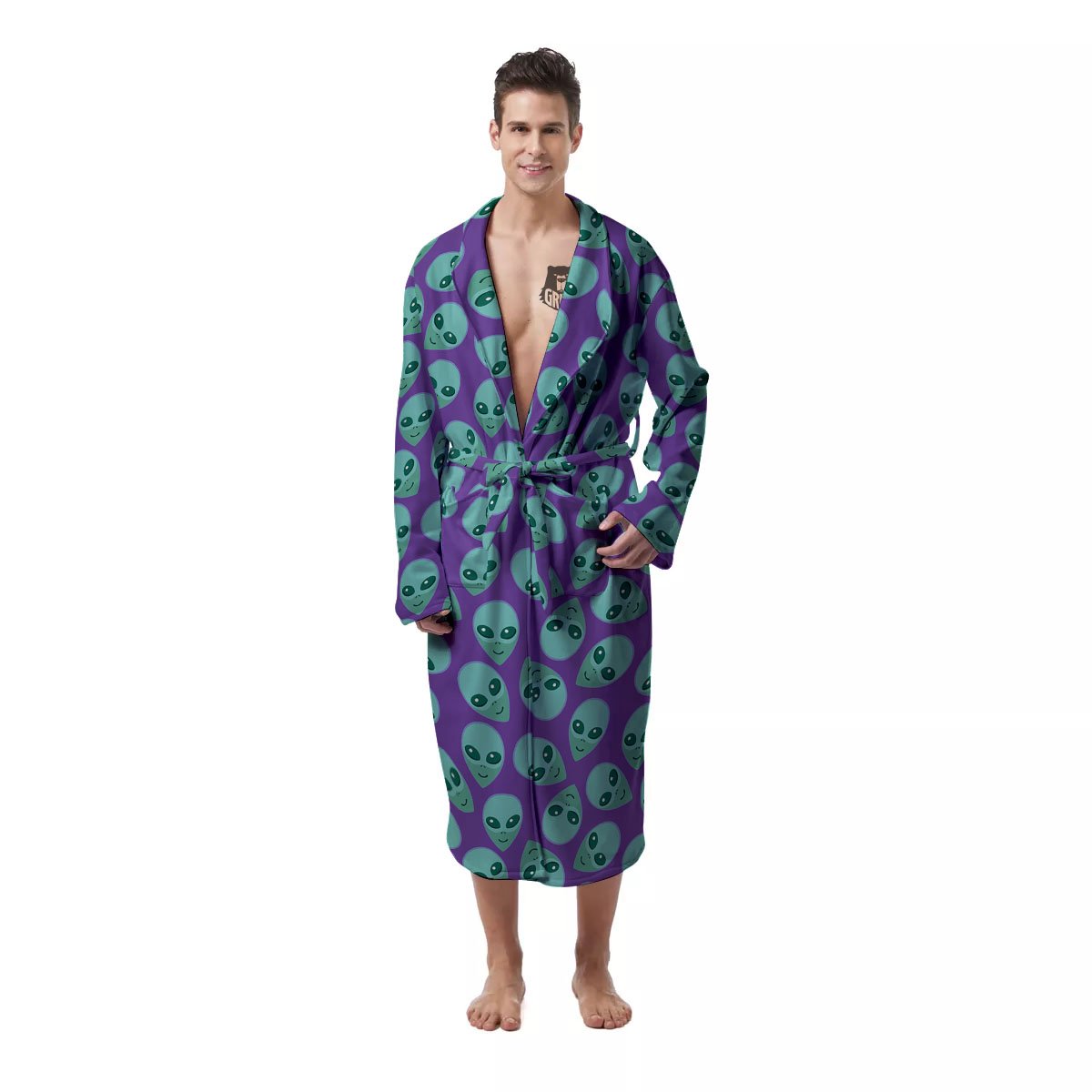 Alien Face Purple Print Pattern Men's Robe-grizzshop
