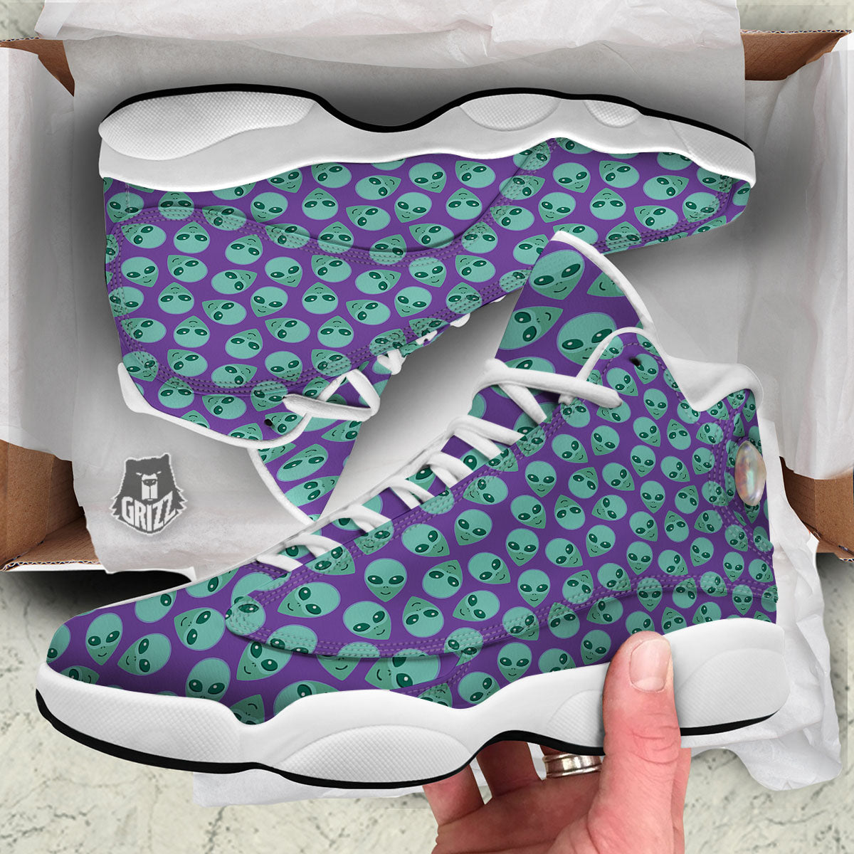 Alien Face Purple Print Pattern White Basketball Shoes-grizzshop