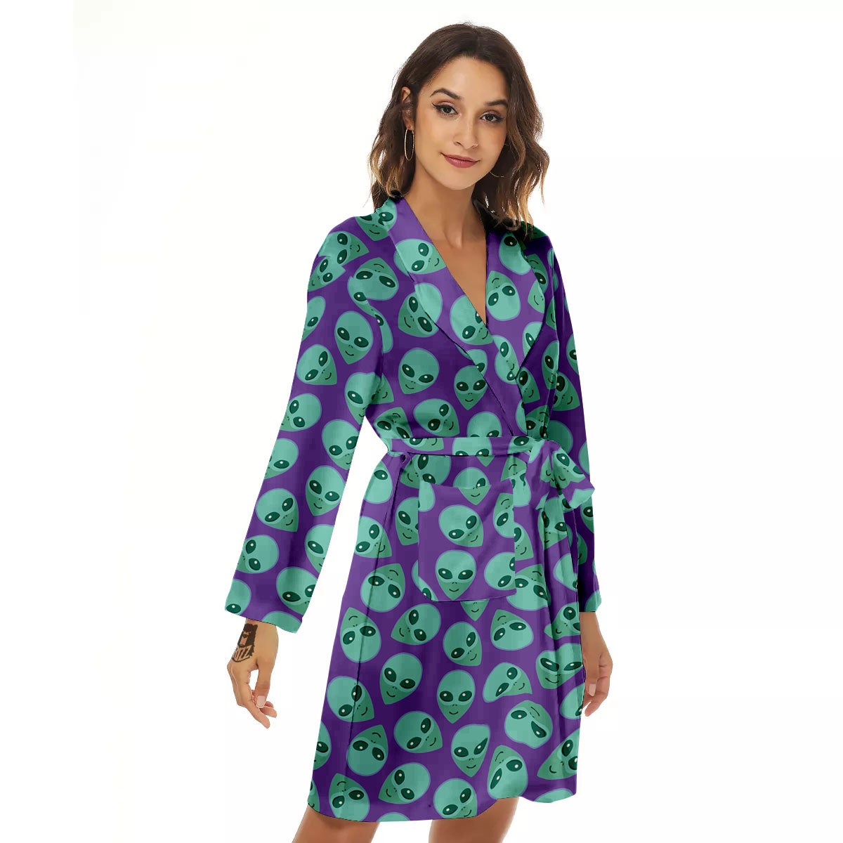 Alien Face Purple Print Pattern Women's Robe-grizzshop