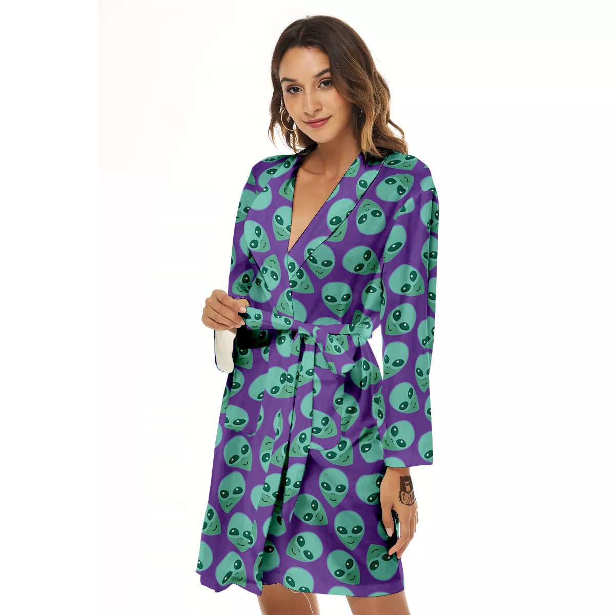 Alien Face Purple Print Pattern Women's Robe-grizzshop