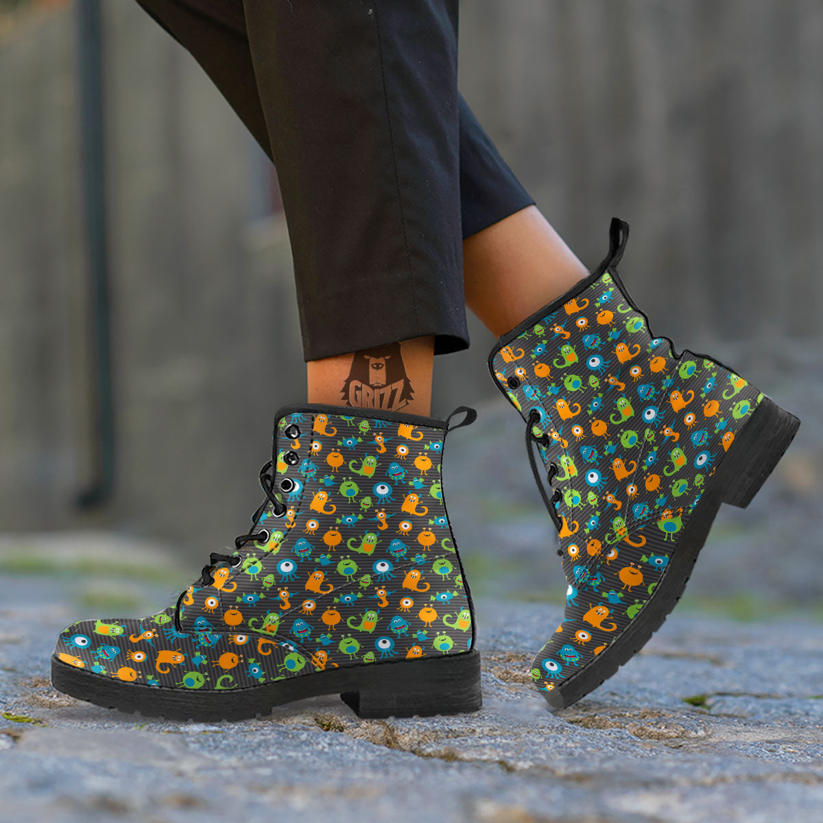 Alien Grey Striped Print Pattern Leather Boots-grizzshop